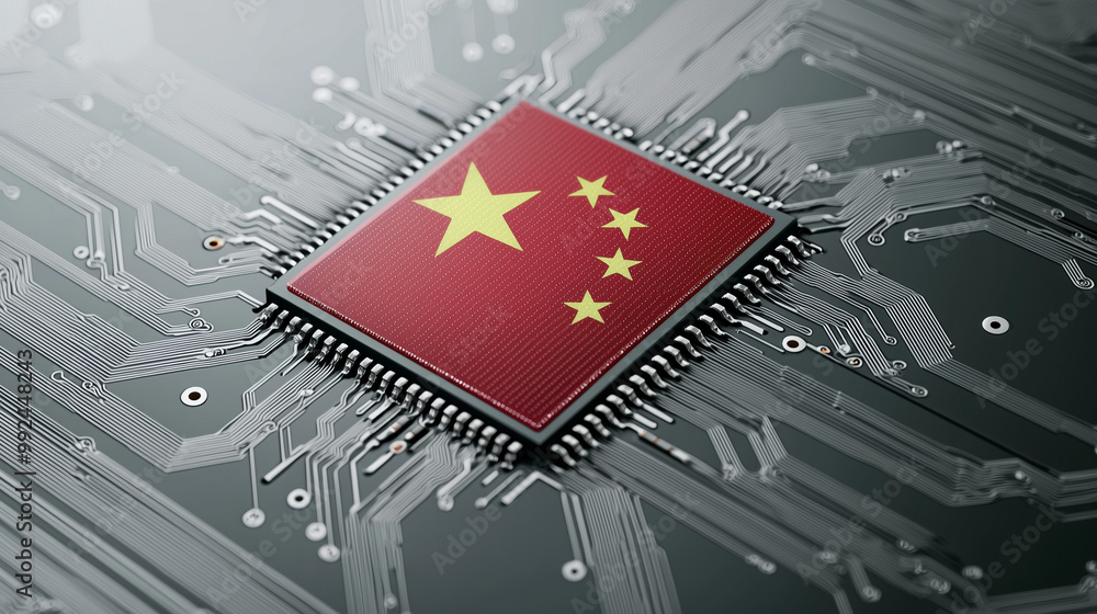 Poster china's technological advance: a close-up shot of a computer chip with the chinese flag printed on i