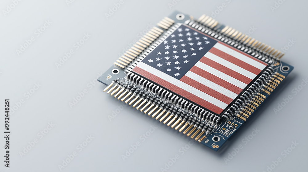 Poster american microchip: a close-up of a microchip with the american flag printed on it, symbolizing tech