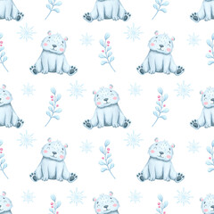 Seamless pattern with watercolor white bear. Cartoon polar bear in watercolor technique with a delicate winter twig. Winter pattern with animals