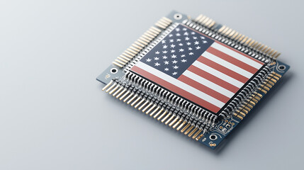 American Microchip: A close-up of a microchip with the American flag printed on it, symbolizing technological innovation and national pride.  