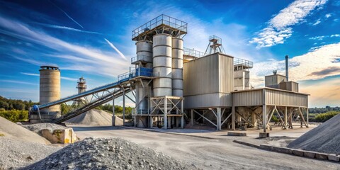 Concrete plant surrounded by gravel , industrial, manufacturing, construction, factory, equipment, machinery, cement