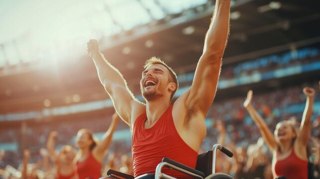 Man wheelchair his arms raised air cheering large Triumphant athlete