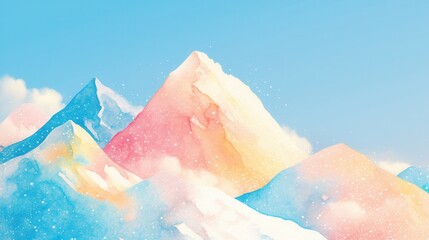 Floating ice cream mountains glowing with soft pastels, covered in snow and sprinkles, watercolor