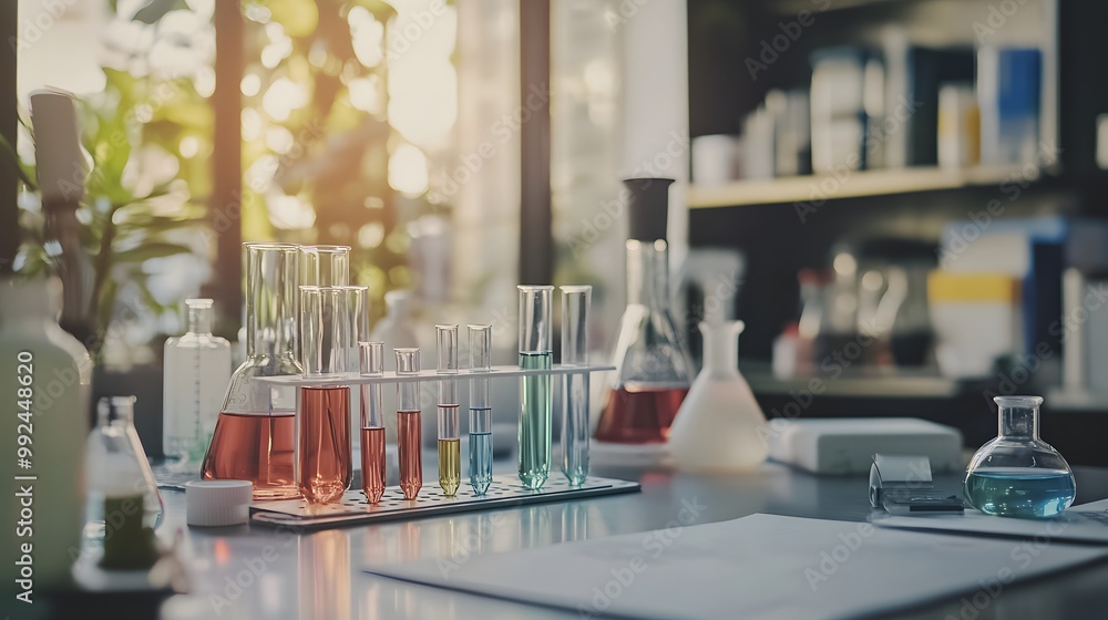 Poster laboratory setup with test tubes and flasks