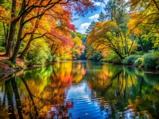 Trees tower above the river's quiet flow, their leafy canopies a kaleidoscope of colors, reflected in the calm water's surface.