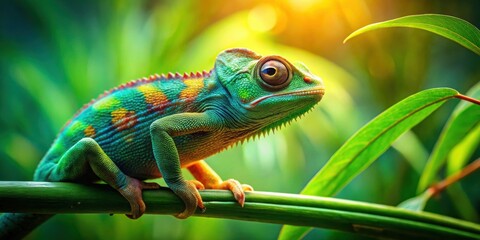 Obraz premium Charming chameleon adventurer in vibrant green setting, chameleon, adventurer, branch, vibrant, green, environment