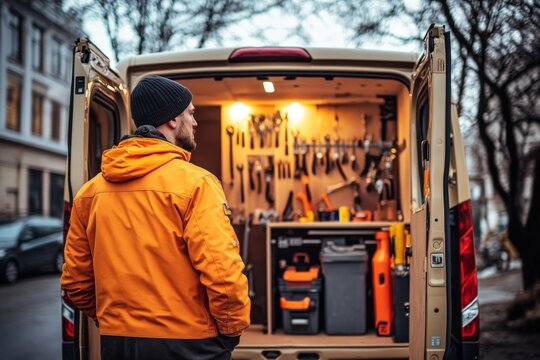 Man standing front van back door open He An electrician next