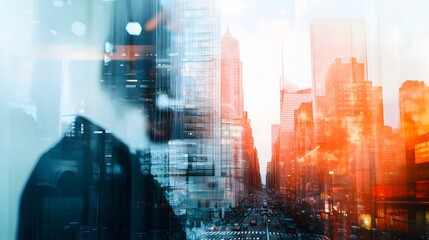 abstract business modern background with cityscape double exposure. 