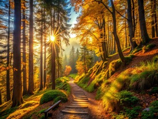 Fototapeta premium Vibrant forest surrounds a serpentine path that leads to a sun-kissed summit, bathed in warm golden light.