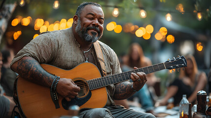 An overweight man playing the guitar at an intimate backyard concert, surrounded by friends sitting on blankets and enjoying the music under string lights
