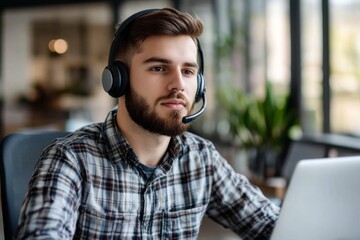 Young man beard wearing headset working laptop He Focused Customer Service: