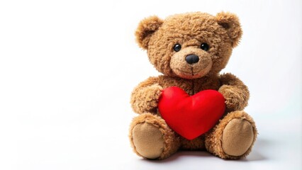 Brown teddybear holding red heart on white background, Teddybear, heart, love, Valentine's day, cute, stuffed animal, soft