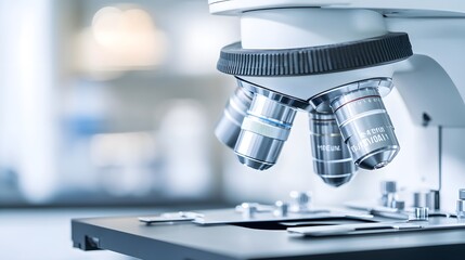 Close-up of a Modern Microscope with Multiple Lenses