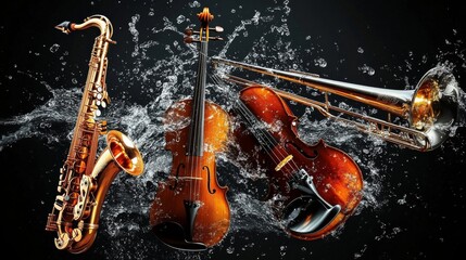 Fototapeta premium Three musical instruments - saxophone violin trombone splashing Instuments background colorful splash