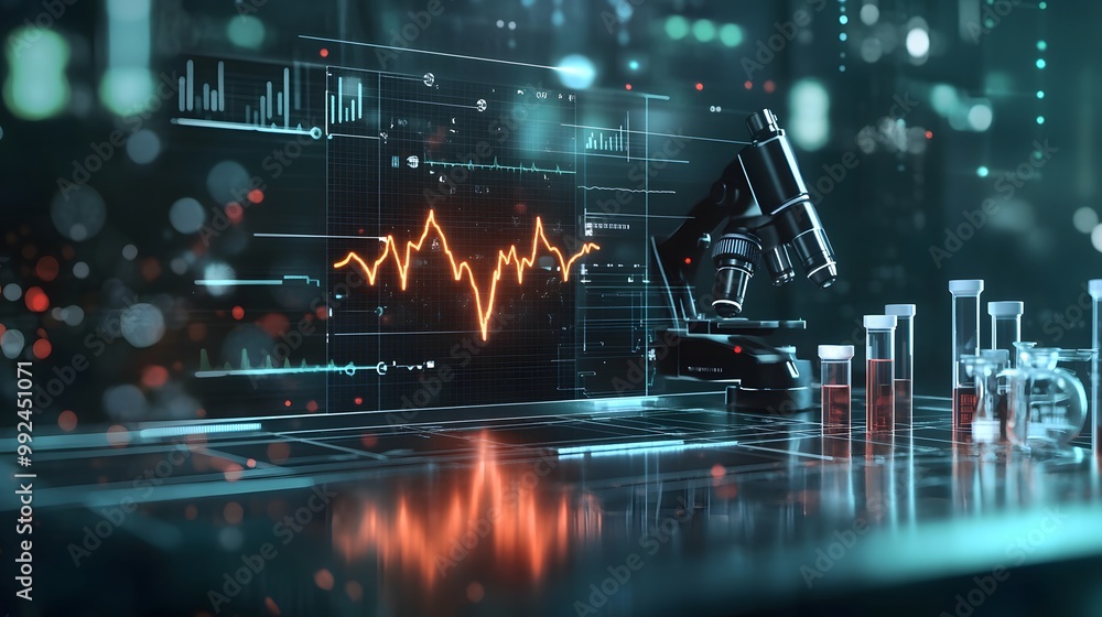 Poster microscope, test tubes, and a digital display showing an orange line graph