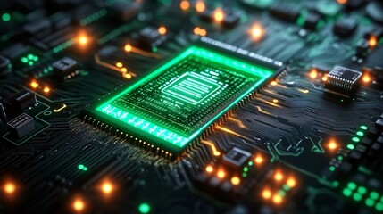 Obraz premium A high-tech microchip displayed against a dark background, with bright green neon lights highlighting its features and intricate circuitry