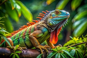 Obraz premium Colorful Iguana on a Branch Surrounded by Lush Greenery Perfect for Creative Coloring Activities