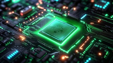 A sleek microchip embedded on a circuit board, glowing intensely in neon green, casting an ethereal light across the surrounding components