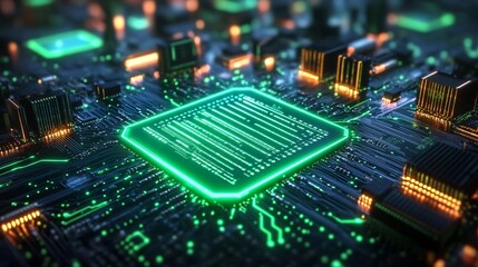 A futuristic microchip design featuring radiant green neon lighting, showcasing detailed engravings