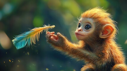 Fototapeta premium Adorable Baby Monkey Reaching for a Colorful Feather in a Lush Green Forest