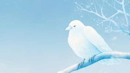 Ice raven with glowing feathers, perched on a frost-covered branch, surrounded by snowflakes, watercolor