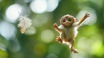 Fototapeta premium Adorable Baby Monkey Reaching for Feather in Lush Green Forest with Sunlight Bokeh Background