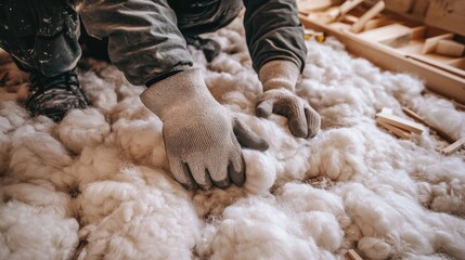 Person hands wearing gloves working pile white Installing natural fiber insulation