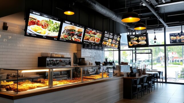 Interior fast food restaurant has modern industrial mock up