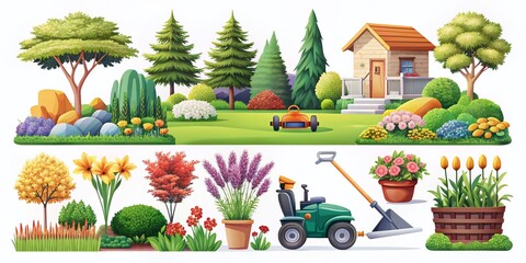 Colorful Landscaping Icons for Garden Design, Lawn Care, and Outdoor Aesthetics in Vector Format