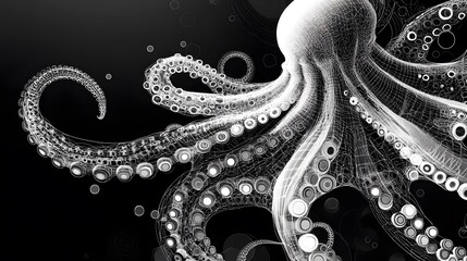 Obraz premium Wireframe Octopus with Circular Detail on Black Background