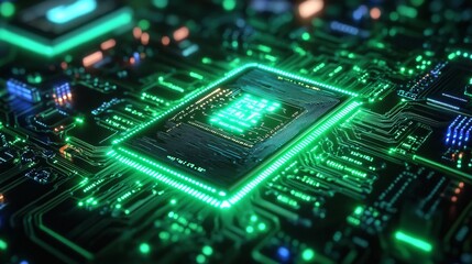 A close-up of a glowing green neon microchip embedded in a motherboard, with electric green circuits highlighting the board’s features and pathways