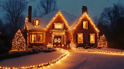 beautifully decorated house adorned with glowing Christmas lights, surrounded by serene snowy landscape. warm lights create cozy and festive atmosphere, perfect for holiday season