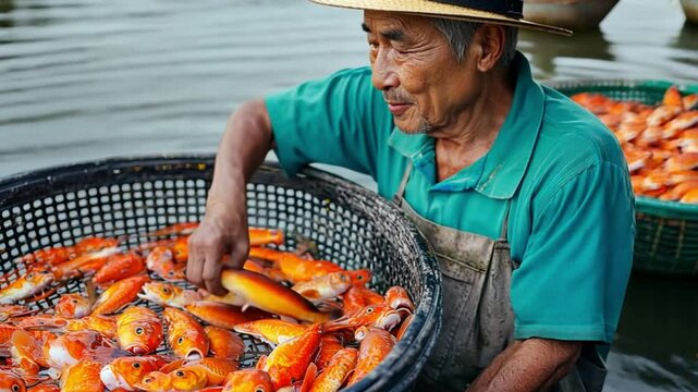 Senior man in a straw hat sorting goldfish in a basket.