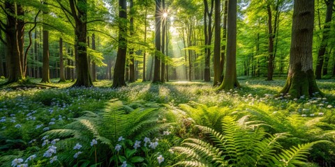 Fototapeta premium Forest floor teems with life, as ferns unfurl and wildflowers bloom, beneath the towering trees, where dappled shadows play in the soft, emerald green light of a forest glade.