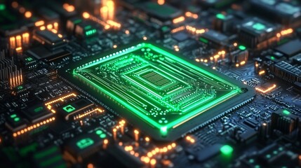 Fototapeta premium a microchip on the motherboard shines with bright green neon