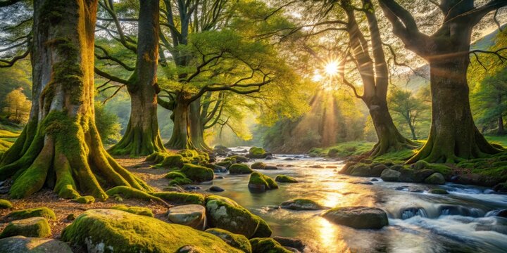 Ancient trees stand tall along tranquil river valley with dappled sunlight casting warmth on mossy stones and flowing waters.