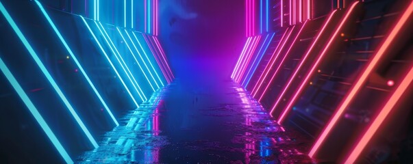 Abstract neon lights illuminate a dark, futuristic pathway.