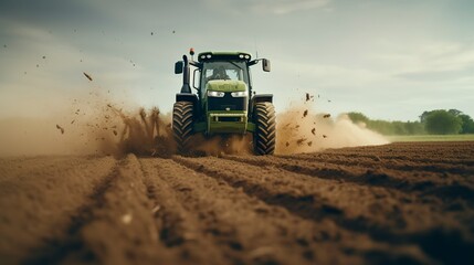Naklejka premium A photo of a tractor sowing seeds in a plowed field.