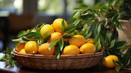 Basket of lucuma fruits resting modern kitchen counter sleek stainless steel appliances and tropical plants blurred behind blending traditional and contemporary styles Scientific name Pouteria lucuma