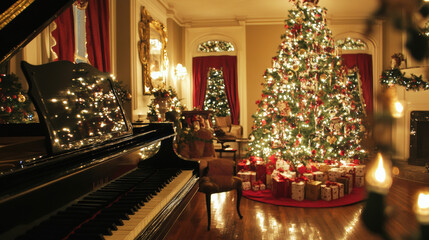 beautifully decorated Christmas tree adorned with lights and gifts creates warm holiday atmosphere in cozy living room. grand piano adds elegance to festive scene