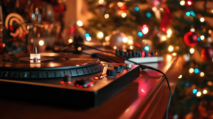 festive scene featuring turntable with vinyl record, set against beautifully decorated Christmas tree adorned with colorful lights and ornaments. warm ambiance evokes joyful holiday spirit