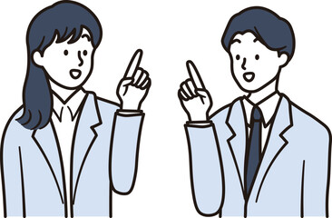 指差しで説明をするアジア人ビジネスウーマンとビジネスマンのイラスト素材