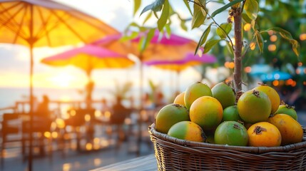 Basket of maracuja fruits displayed on a modern rooftop bar with bright umbrellas and sunset views softly blurred behind promoting a lively stylish setting Scientific name Passiflora edulis