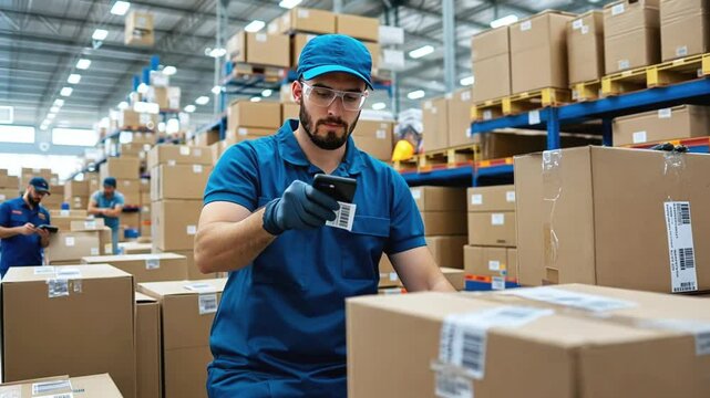Warehouse worker in blue shirt placing label on a box.