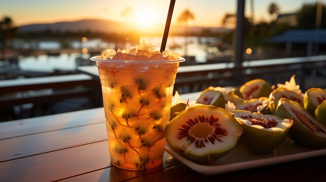 Basket of maypop fruit resting sunlit wooden table trendy beachside caf brightly colored drink beachgoers softly blurred background evoking fun carefree summer vibe Scientific name Passiflora