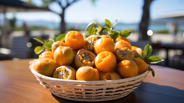 Basket of maypop fruit resting sunlit wooden table trendy beachside caf brightly colored drink beachgoers softly blurred background evoking fun carefree summer vibe Scientific name Passiflora