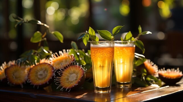 Basket of maypop fruit resting sunlit wooden table trendy beachside caf brightly colored drink beachgoers softly blurred background evoking fun carefree summer vibe Scientific name Passiflora