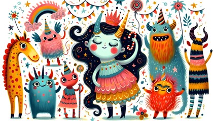 Obraz premium Monstruos de Fiesta: Celebración de Criaturas Fantásticas