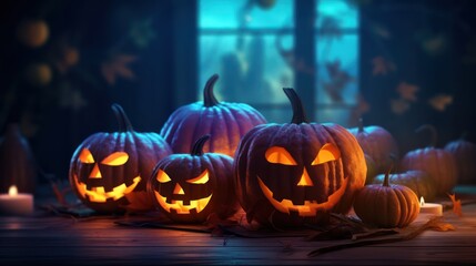 Fototapeta premium Spooky Halloween Jack-O-Lanterns Glowing in the Dark