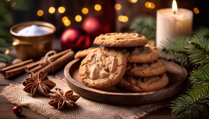 A cozy holiday scene featuring Christmas cookies on a wooden plate, surrounded by festive decorations, including cinnamon sticks, star anise, a candle, and evergreen branches. Perfect for holiday-them